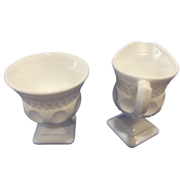 Vintage McKee Plymouth Thumbprint Milk Glass Pedestal Creamer & Sugar - Picture 3 of 5